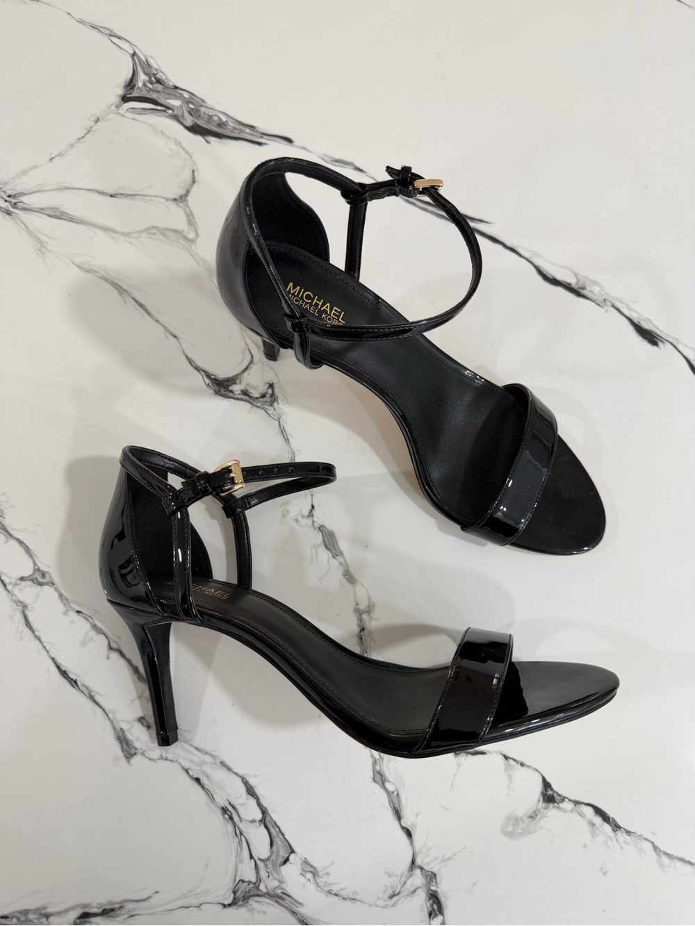 Michael Kors Black Patent Ankle-Strap Mid Heels